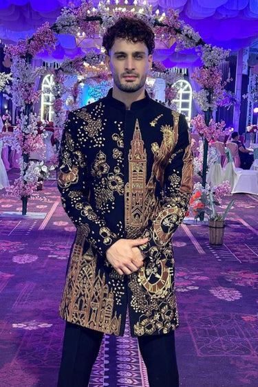 Umar Riaz In Our Black indo-western embellished with hand embroidery - Bharat Reshma