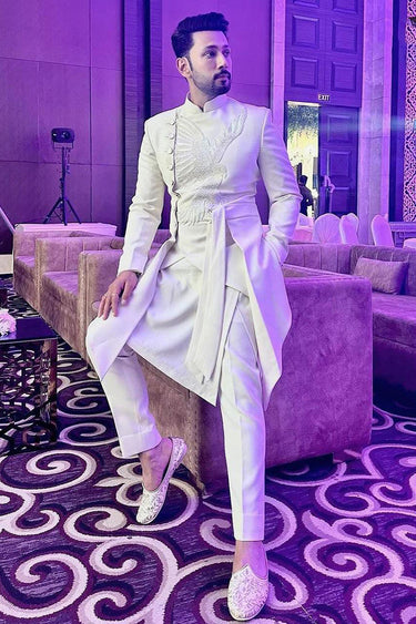 Sahil Anand in White indo western jacket decorated with an eagle pattern - Bharat Reshma