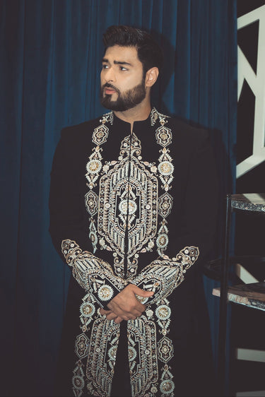 Bismil in All Black Embroidered Indo-western Set - Bharat Reshma
