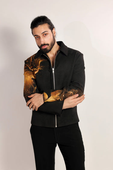 Black Magna Suiting Fire Hand Paint Jacket - Bharat Reshma