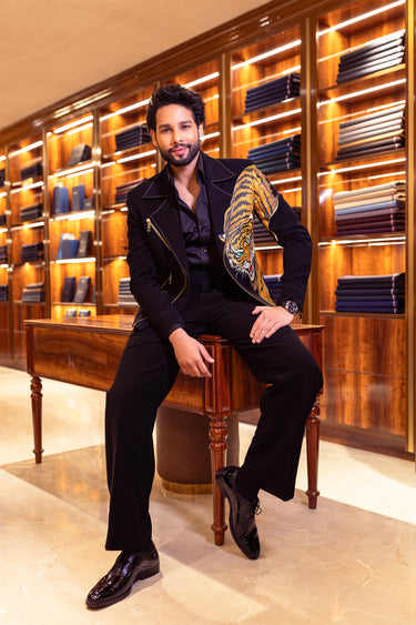 Siddhant Chaturvedi in Our Black Hand Painted with Studs, Pearls Work Lion Design Jacket - Bharat Reshma
