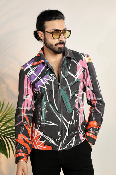 Multi-Colored Denim Digital Printed Jacket - Bharat Reshma