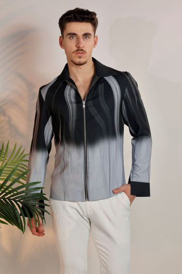Grey Satin Digital Print Bomber Jacket - Bharat Reshma