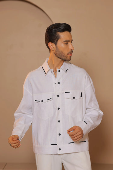 White linen puff embroidery jacket - Bharat Reshma