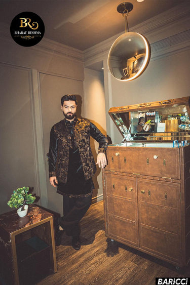Bismil In Our Black Designer Velvet Kurta Set with Jacket - Bharat Reshma