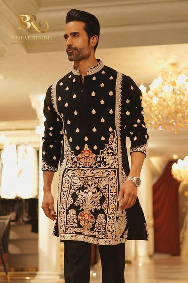 Black Mughal design kurta set - Bharat Reshma
