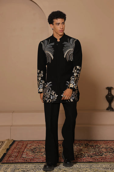 Black Palm Bloom Kurta Set - Bharat Reshma