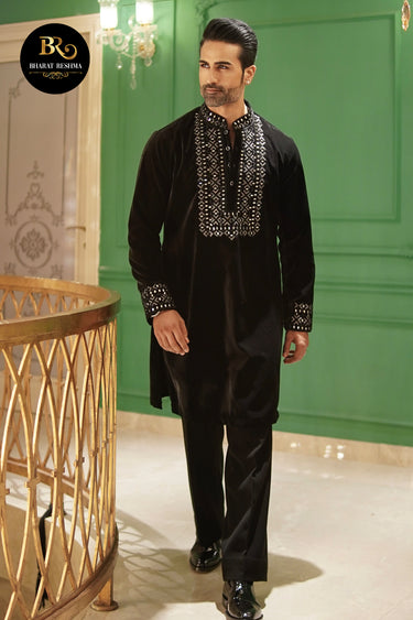 Black Velvet Kurta Set with Mirror Work - Bharat Reshma