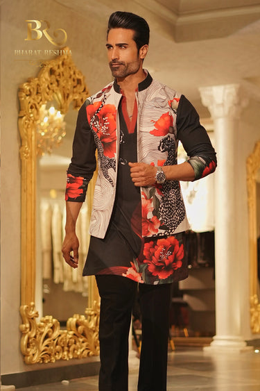 Black & white floral tiger Waistcoat kurta set - Bharat Reshma