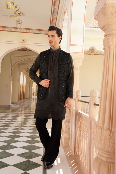 Cluster work kurta with embroided Waistcoat Kurta Set - Bharat Reshma