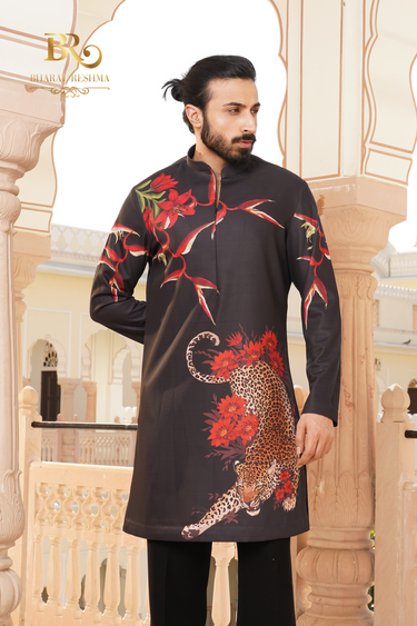 Men's Black Jaguar Printed Kurta - Bharat Reshma