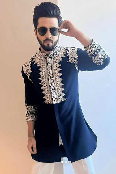 Dheeraj Dhoopar in Our Blue Designer Kurta Set embellished with Resham embroidered - Bharat Reshma