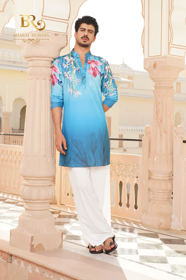 Men's Blue Floral Printed Kurta - Bharat Reshma