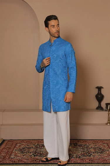Tonal Blue Flora Kurta Set - Bharat Reshma