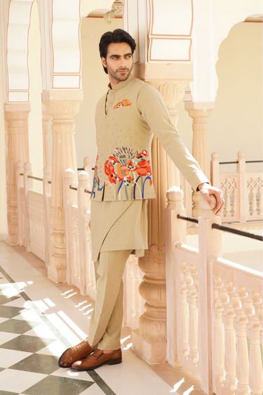 Brown carnival floral waistcoat kurta set - Bharat Reshma