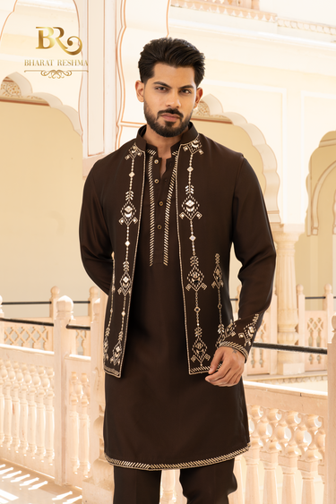 Brown Designer Waistcoat Kurta Set with Mirror Work - Bharat Reshma