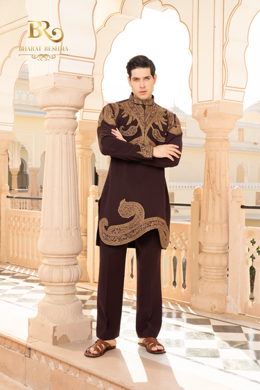 Brown Hand Embroidered Kurta Pajama Set - Bharat Reshma