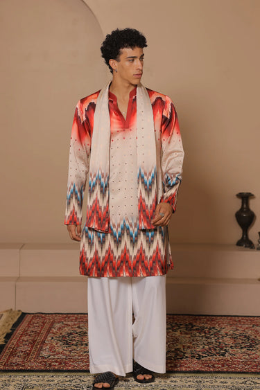 Ikkat illusion kurta stole set - Bharat Reshma