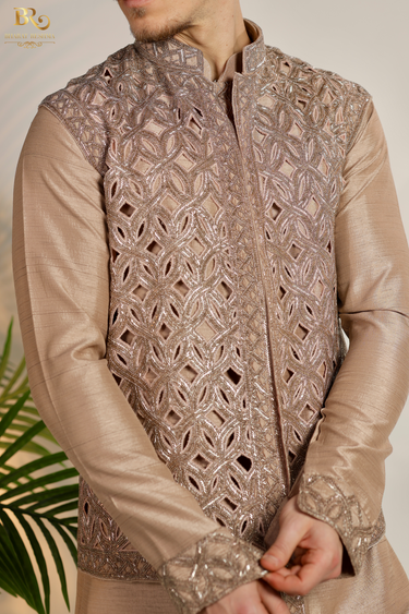 Designer Golden Embroidery Jacket Kurta Set - Bharat Reshma
