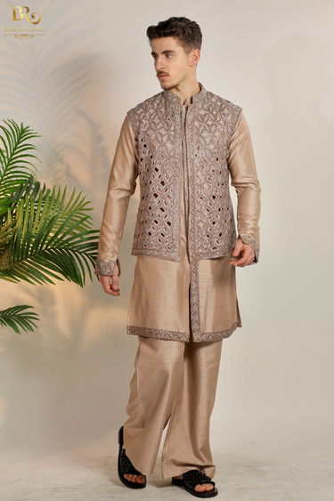 Designer Golden Embroidery Jacket Kurta Set - Bharat Reshma