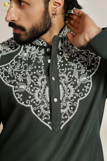 Designer Green Embroidered Kurta Set for Men - Bharat Reshma