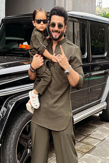 Deeraj Dhoopar In Our Classic Green Olive Pathani kurta set - Bharat Reshma