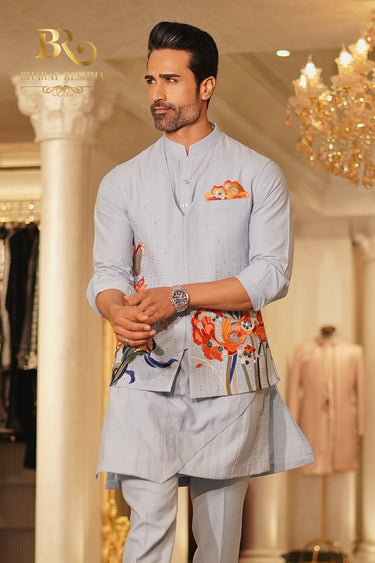 Grey carnival floral waistcoat kurta set - Bharat Reshma