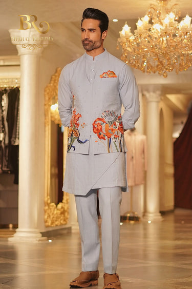 Grey carnival floral waistcoat kurta set - Bharat Reshma