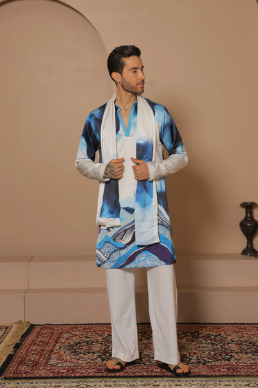 Blue wave kurta stole set - Bharat Reshma