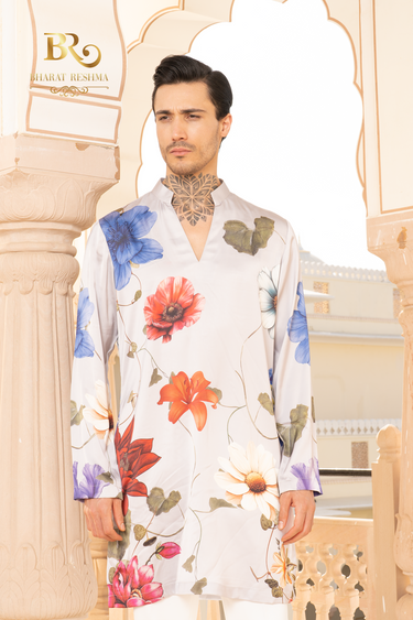 Grey floral digital print kurta set - Bharat Reshma