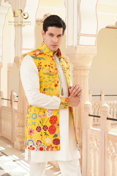 Yellow Floral Embroidered Waistcoat Kurta Set - Bharat Reshma
