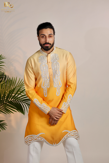Yellow Hand Embroidered Kurta Pajama Set - Bharat Reshma