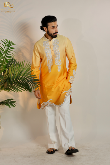 Yellow Hand Embroidered Kurta Pajama Set - Bharat Reshma