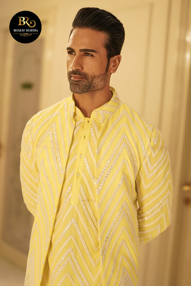 Yellow Resham Embroidered Kurta Set with Jacket - Bharat Reshma