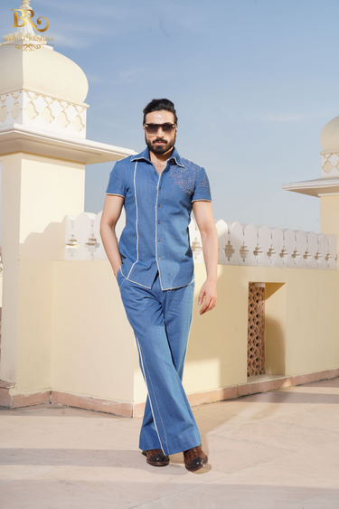 Blue Coord Set with Thread Embroidery - Bharat Reshma