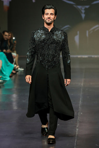 Designer Black Men's Gown with Unique Cuts & Embroidery - Bharat Reshma
