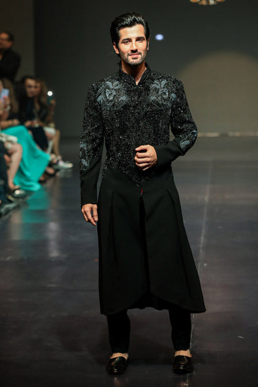 Designer Black Men's Gown with Unique Cuts & Embroidery - Bharat Reshma