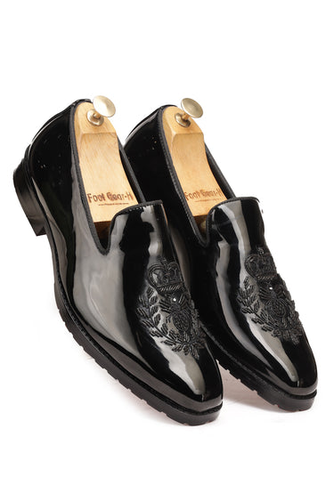 Black Patent Designer Mens's Mojaris with Embroidery - Bharat Reshma