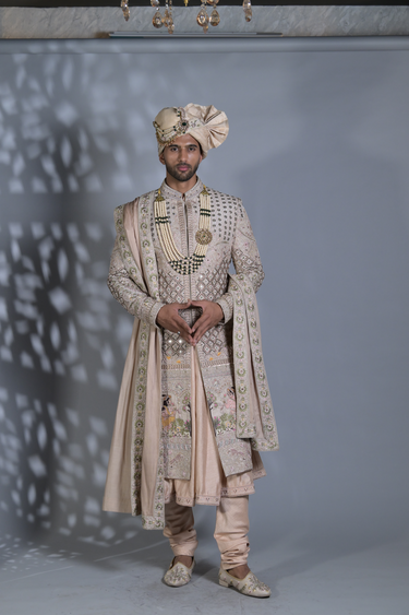 Beige Embroided Sherwani Set - Bharat Reshma