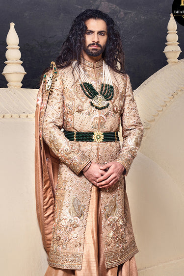 Designer Beige Sherwani with Silk, Resham, Dabka & Moti Work - Bharat Reshma