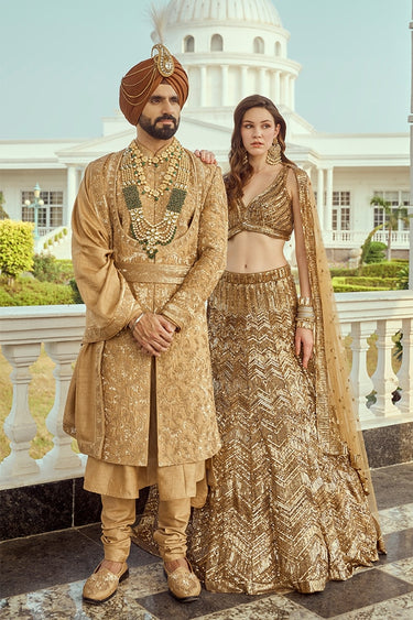 Brown Designer Embroidered Sherwani for Groom - Bharat Reshma
