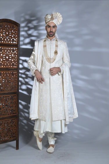 White Silk Embroidery Thread Flower Sherwani Set - Bharat Reshma