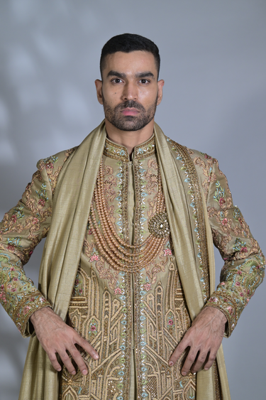 Designer Sherwani with Saturated Green Intricate Embroidery - Bharat Reshma