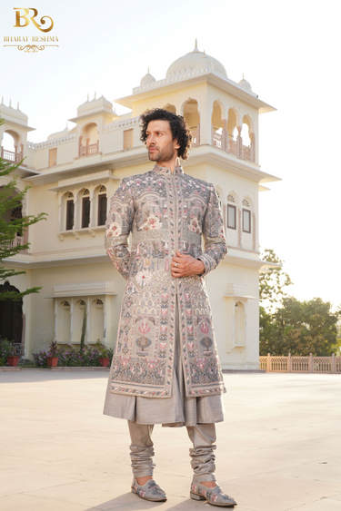 Gray Silk Embroidered Floral and Bird Pattern Sherwani - Bharat Reshma