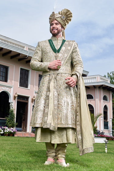Designer Embroidered Green Sherwani for Groom - Bharat Reshma