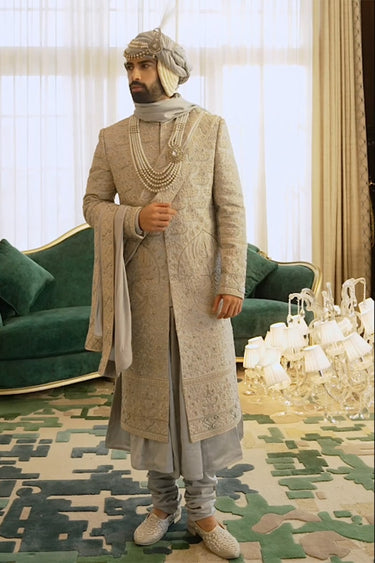 Designer Grey Silk Wedding Sherwani for Men - Bharat Reshma