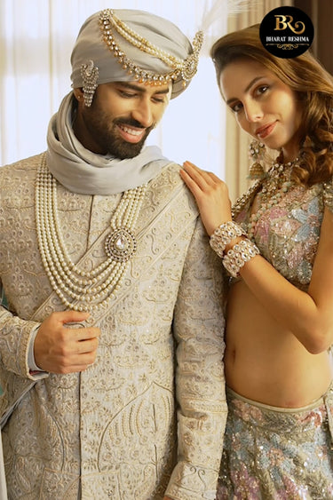 Designer Grey Silk Wedding Sherwani for Men - Bharat Reshma