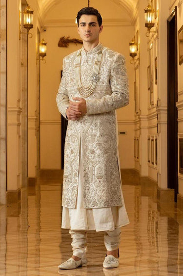 Ethnic Ivory Embroidered Sherwani for Groom - Bharat Reshma
