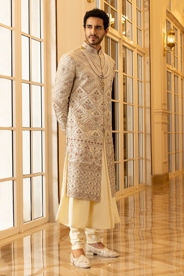 Ivory Hand Embroidered Designer Sherwani - Bharat Reshma