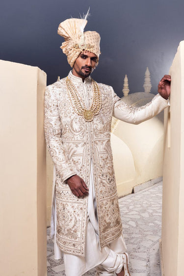 Ivory Silk Embroidery Thread Flower Sherwani Set - Bharat Reshma